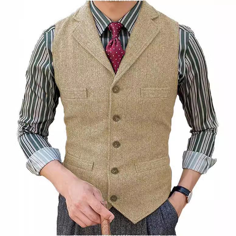 NOUVEAU RICHE Herren Strickjacke mit Revers und Fischgrätmuster – Bequem und Elegant Beige