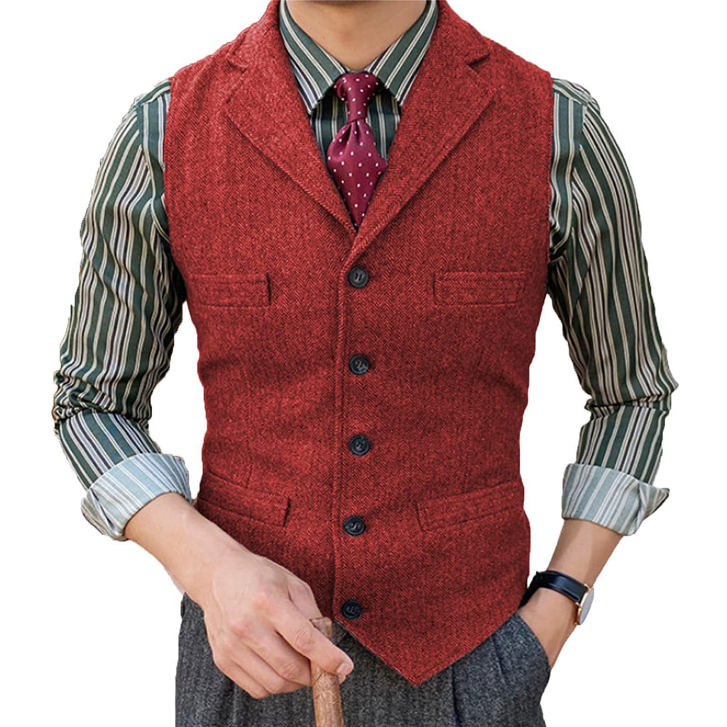 NOUVEAU RICHE Herren Strickjacke mit Revers und Fischgrätmuster – Bequem und Elegant Rot