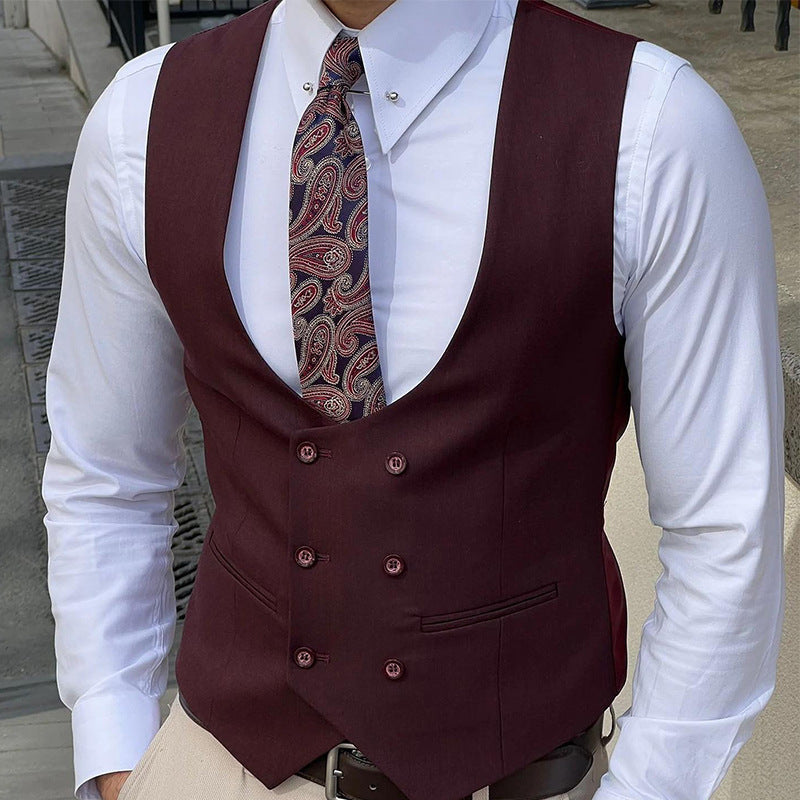 NOUVEAU RICHE Herren Weste aus Wolle – Slim Fit Doppelreiher für formelle Anlässe Dunkelrot