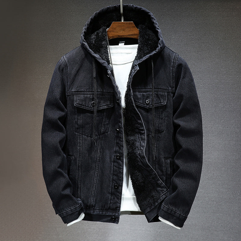 NOUVEAU RICHE Herren Winter Gefütterte Jeansjacke Mit Lammfellimitat Futter Für Kuschelige Wärme Und Stil Schwarz
