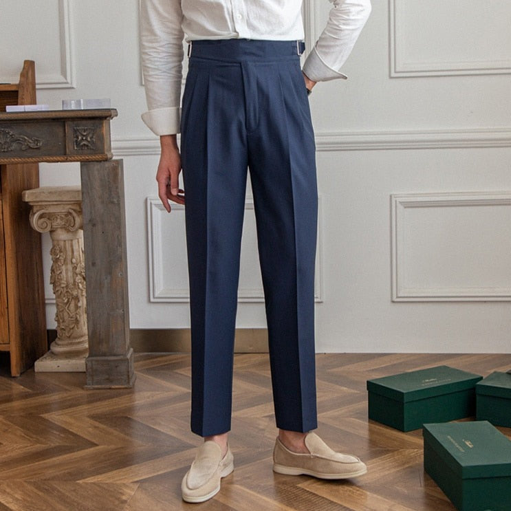 NOUVEAU RICHE Herrenhose Hohe Taille Passform Falten Verstellbare Schnalle Blau