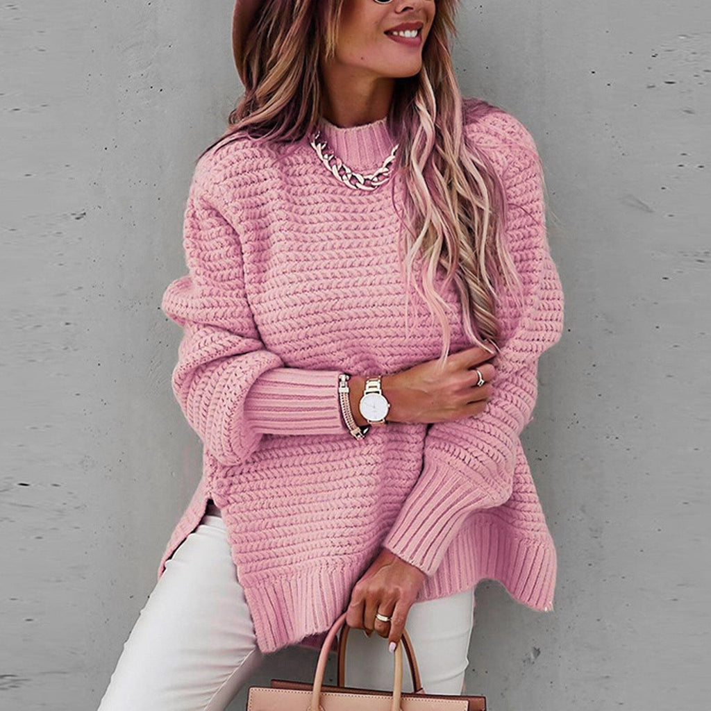 NOUVEAU RICHE Flōre | Damen Eleganter Pullover mit Stehkragen - Feinstrick Herbstpullover & Mock Neck Rosa