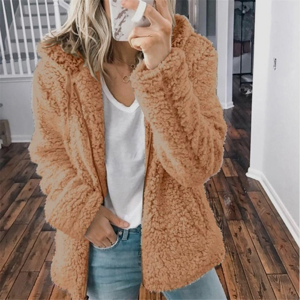 NOUVEAU RICHE Pamelo | Damen Teddy Kapuzenweste - Super Weiche & Warme Fleece Plüschweste mit Kapuze Cappuccino