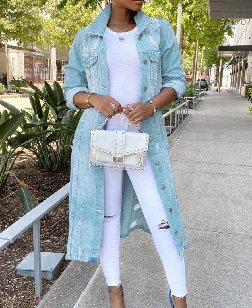 NOUVEAU RICHE Damen Lange Jeansjacke Für Damen Blau Denim Moderner Stil Türkis