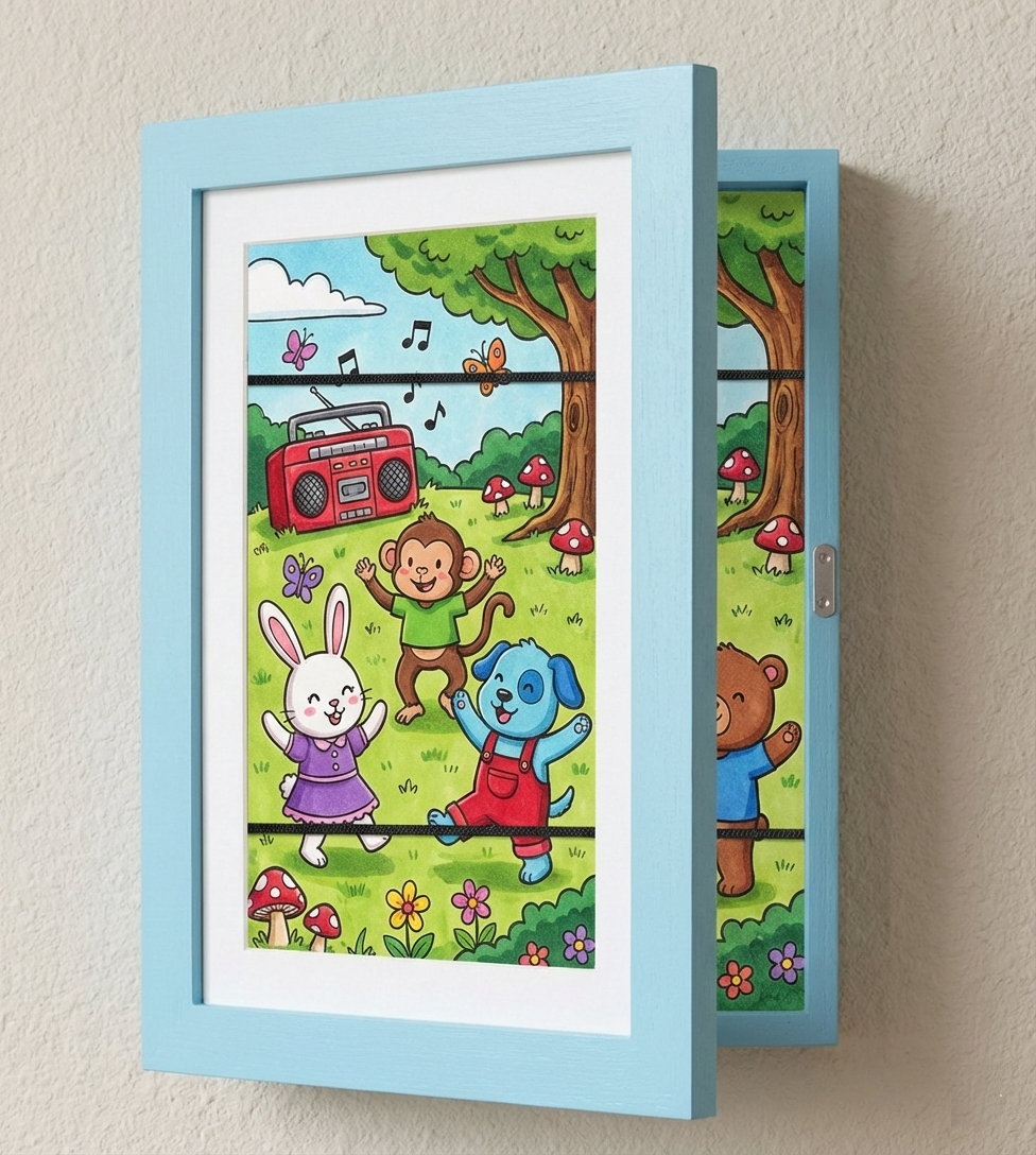 NOUVEAU RICHE Kinderkunst-Wechselrahmen A4 / A3 – Bilderrahmen aus Holz für Kinderzeichnungen, Stauraum für 150 Bilder, 6 Farben Himmelblau