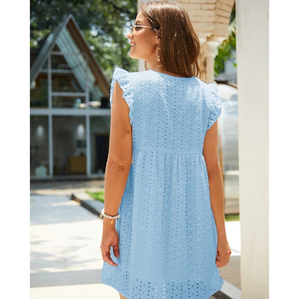 NOUVEAU RICHE Himmelblaues Gerades Bohème Kleid Mit Rüschenärmeln