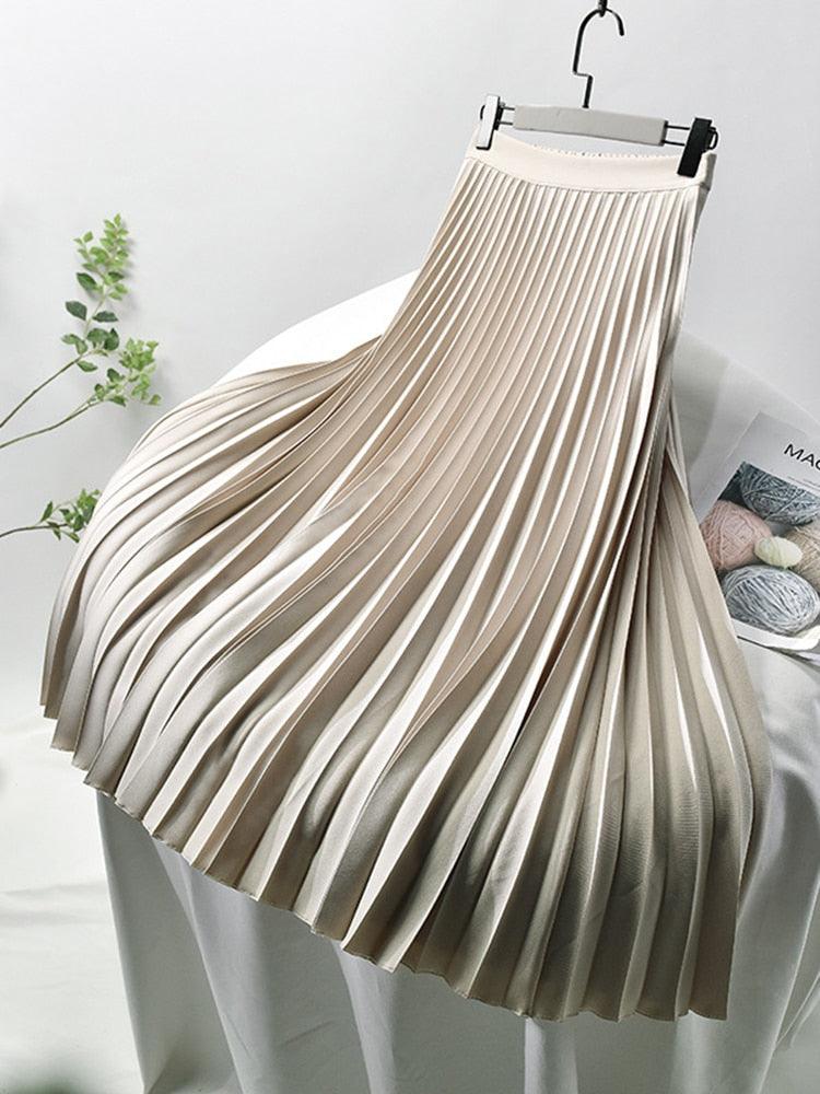 NOUVEAU RICHE Hoch Taillierter Plissee Midirock Für Damen Elegant Und Vielseitig Mit Fließenden Falten Beige