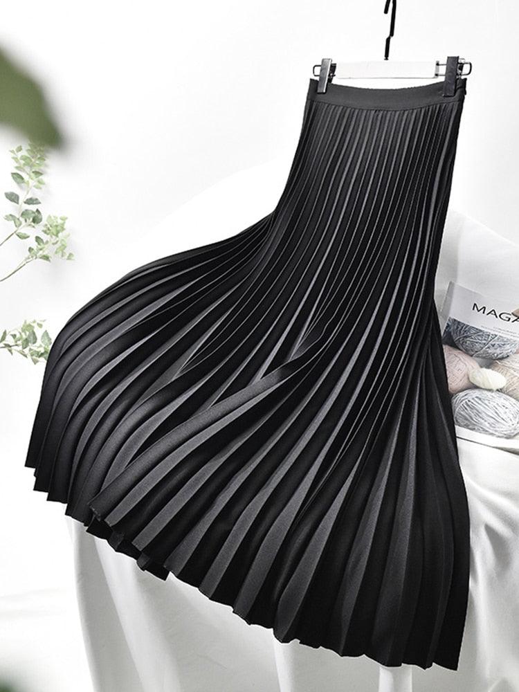 NOUVEAU RICHE Hoch Taillierter Plissee Midirock Für Damen Elegant Und Vielseitig Mit Fließenden Falten Schwarz