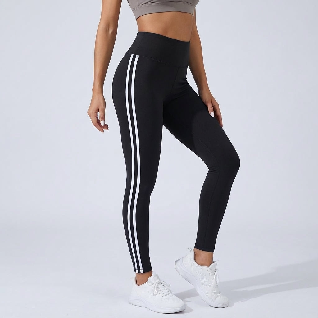 NOUVEAU RICHE Funktionelle Leggings mit hohem Bund – Sportleggings Damen mit Seitenstreifen, Gym & Alltag, 8 Farben, S–XL – Dôre Paige Schwarz