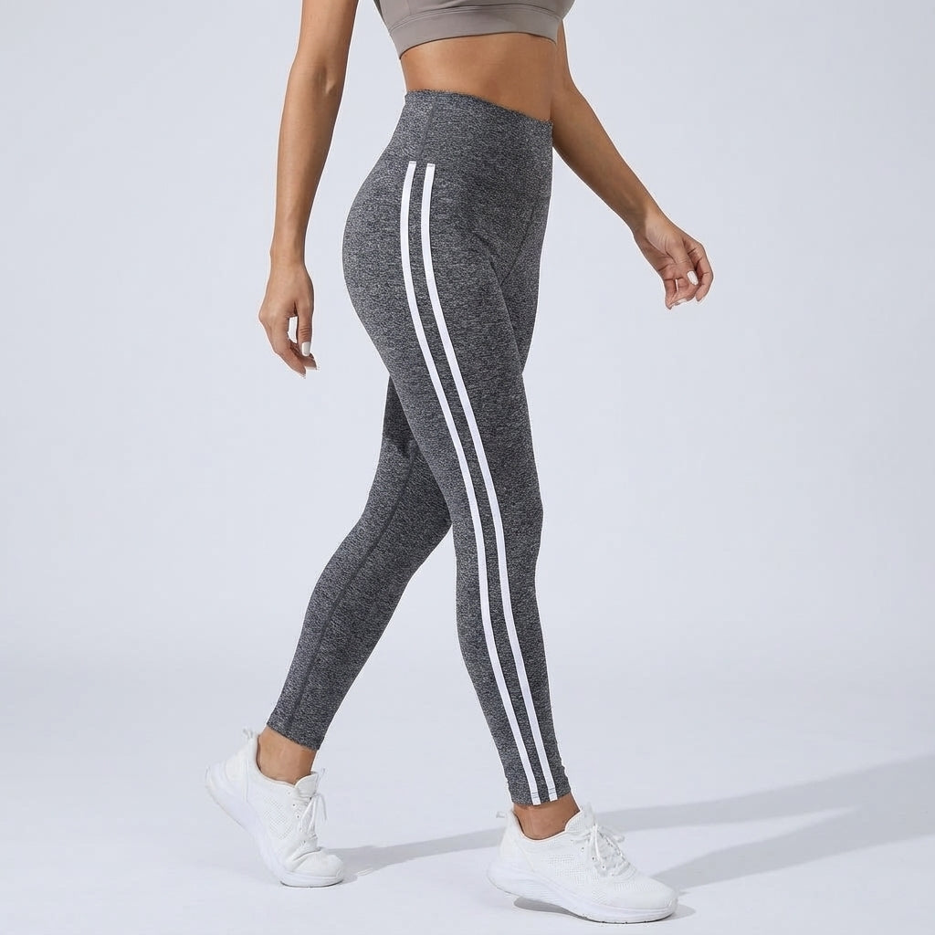 NOUVEAU RICHE Funktionelle Leggings mit hohem Bund – Sportleggings Damen mit Seitenstreifen, Gym & Alltag, 8 Farben, S–XL – Dôre Paige Grau