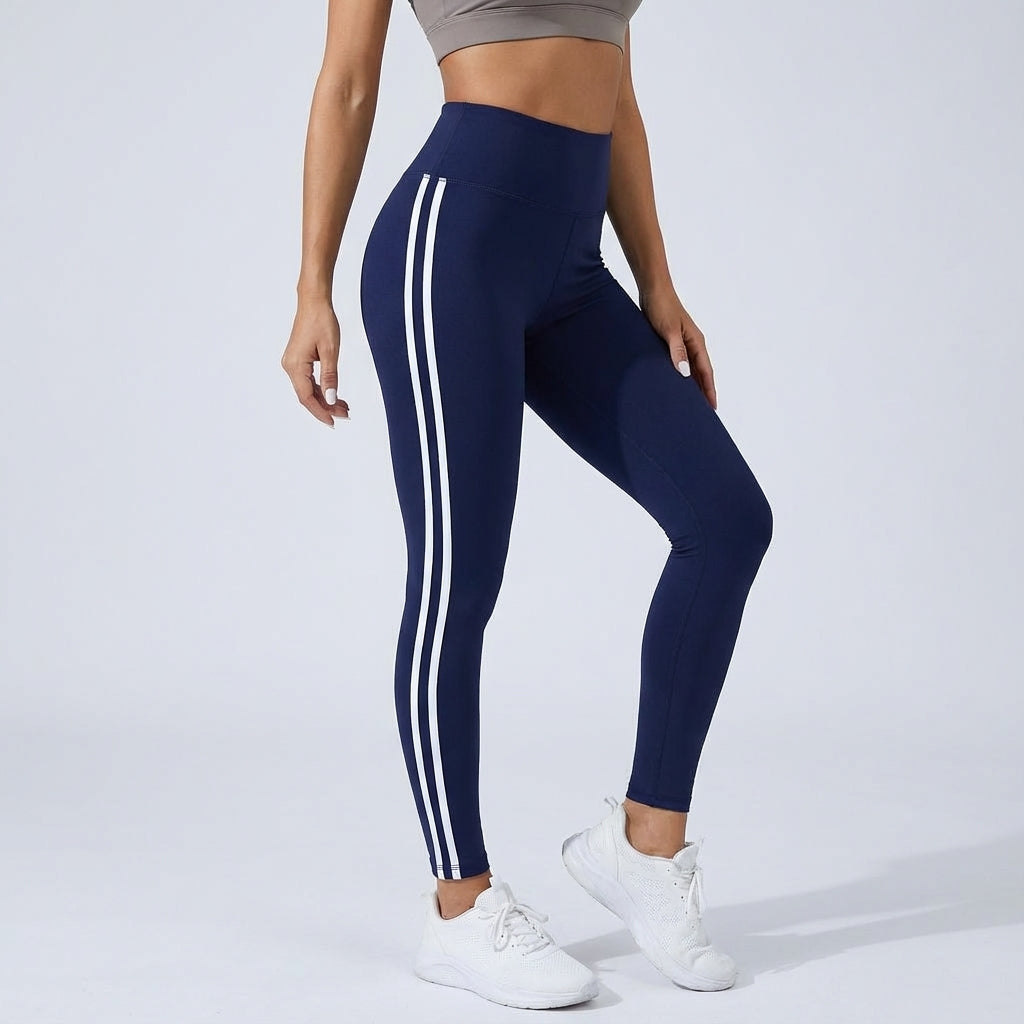 NOUVEAU RICHE Funktionelle Leggings mit hohem Bund – Sportleggings Damen mit Seitenstreifen, Gym & Alltag, 8 Farben, S–XL – Dôre Paige Dunkelblau