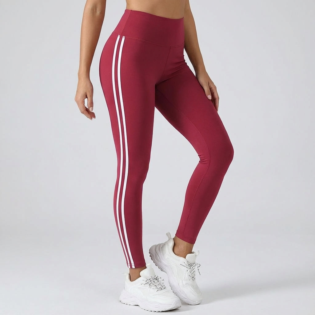 NOUVEAU RICHE Funktionelle Leggings mit hohem Bund – Sportleggings Damen mit Seitenstreifen, Gym & Alltag, 8 Farben, S–XL – Dôre Paige Rot