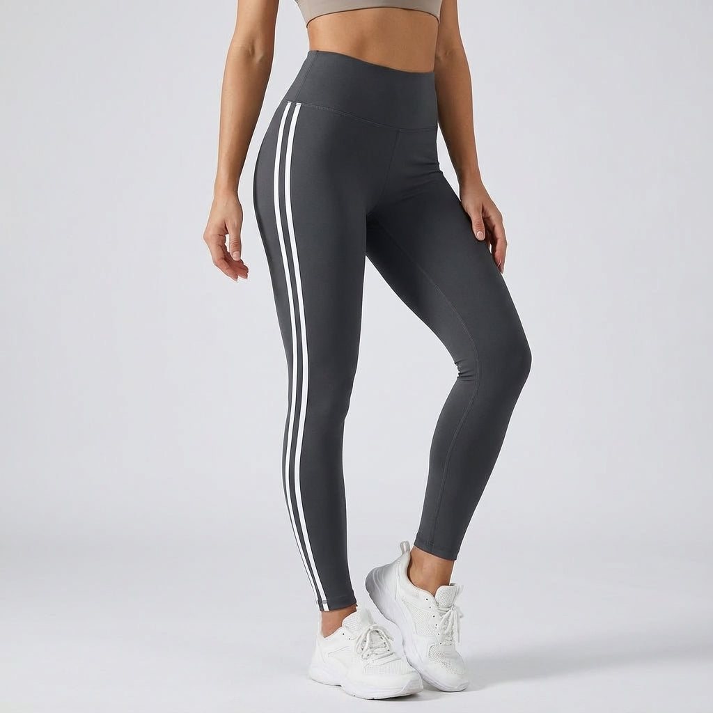 NOUVEAU RICHE Funktionelle Leggings mit hohem Bund – Sportleggings Damen mit Seitenstreifen, Gym & Alltag, 8 Farben, S–XL – Dôre Paige Dunkelgrau