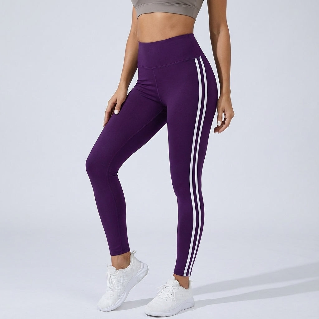 NOUVEAU RICHE Funktionelle Leggings mit hohem Bund – Sportleggings Damen mit Seitenstreifen, Gym & Alltag, 8 Farben, S–XL – Dôre Paige Violett