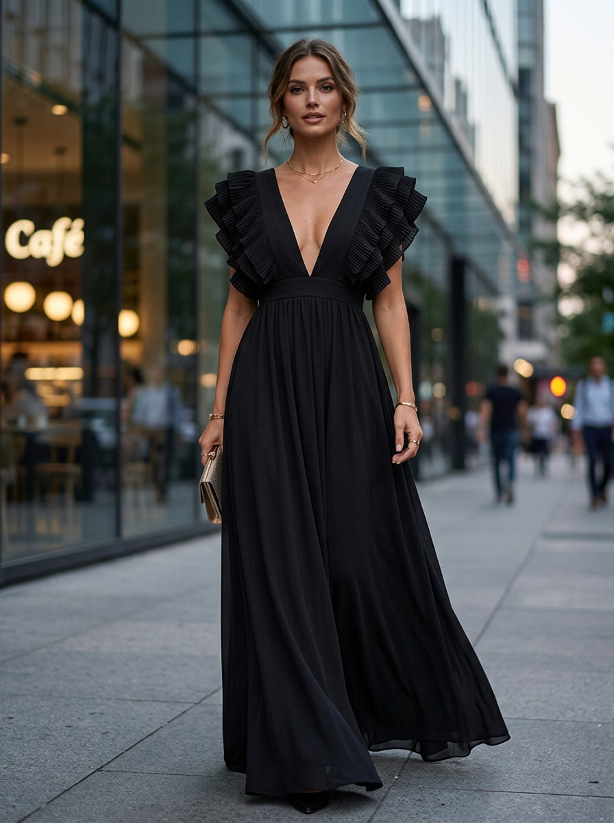 NOUVEAU RICHE Zahara | Hochzeitsgastkleid für Damen - Maxikleid mit V-Ausschnitt und Rüschen Schwarz