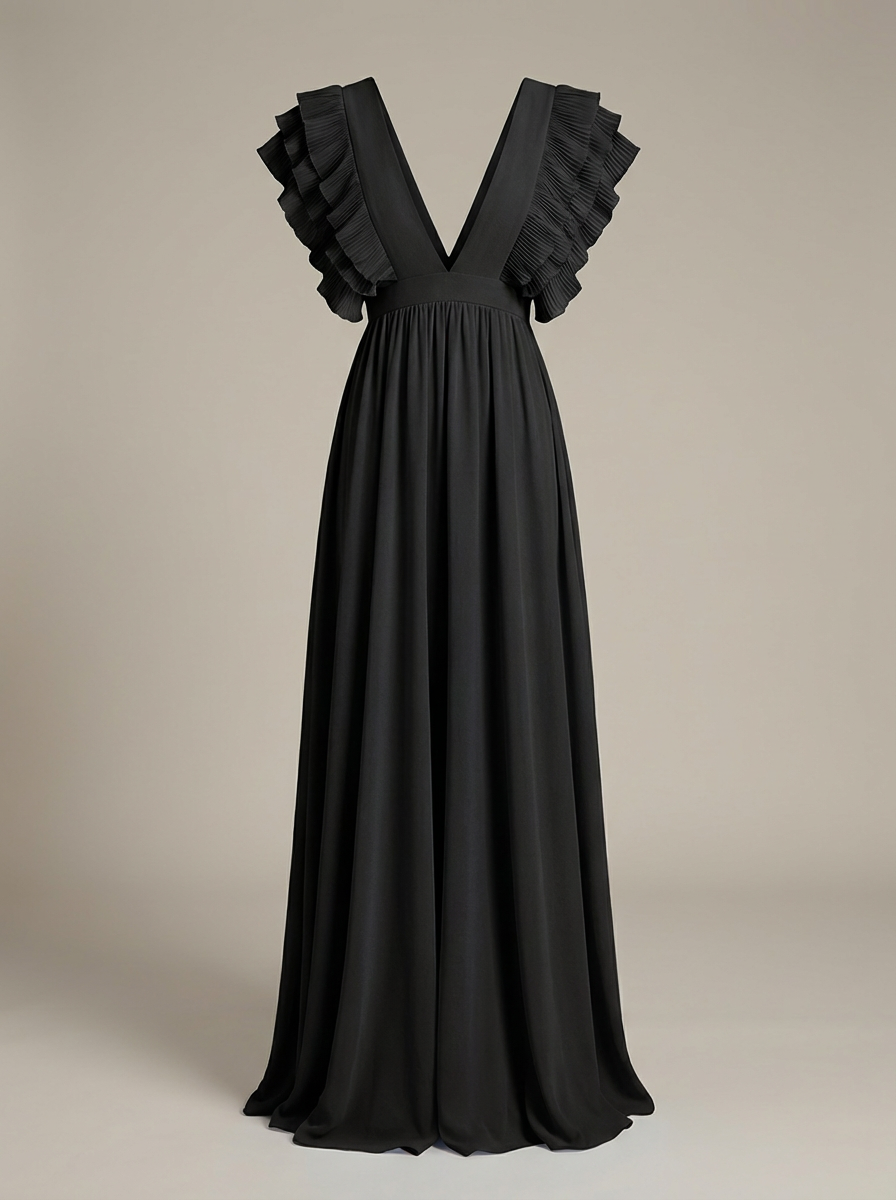 NOUVEAU RICHE Zahara | Hochzeitsgastkleid für Damen - Maxikleid mit V-Ausschnitt und Rüschen