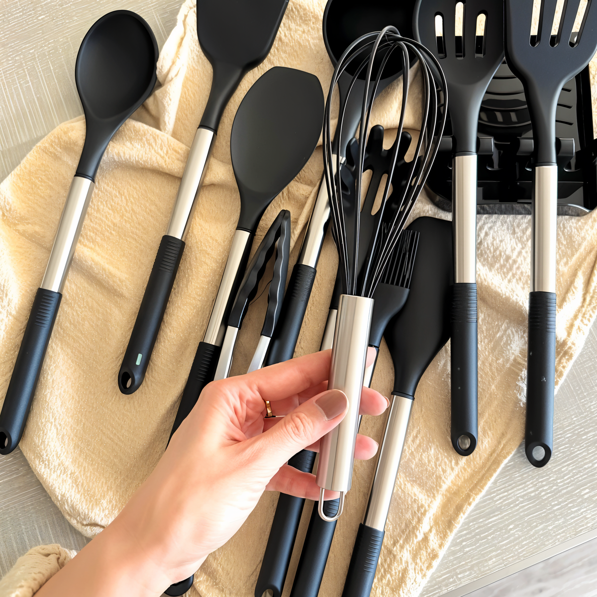 NOUVEAU RICHE 12-teiliges Silikon-Küchenutensilien-Set – Kochbesteck mit Edelstahlgriffen, hitzebeständig – Culinara Pro