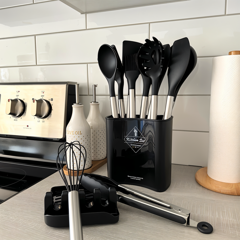 NOUVEAU RICHE 12-teiliges Silikon-Küchenutensilien-Set – Kochbesteck mit Edelstahlgriffen, hitzebeständig – Culinara Pro Schwarz