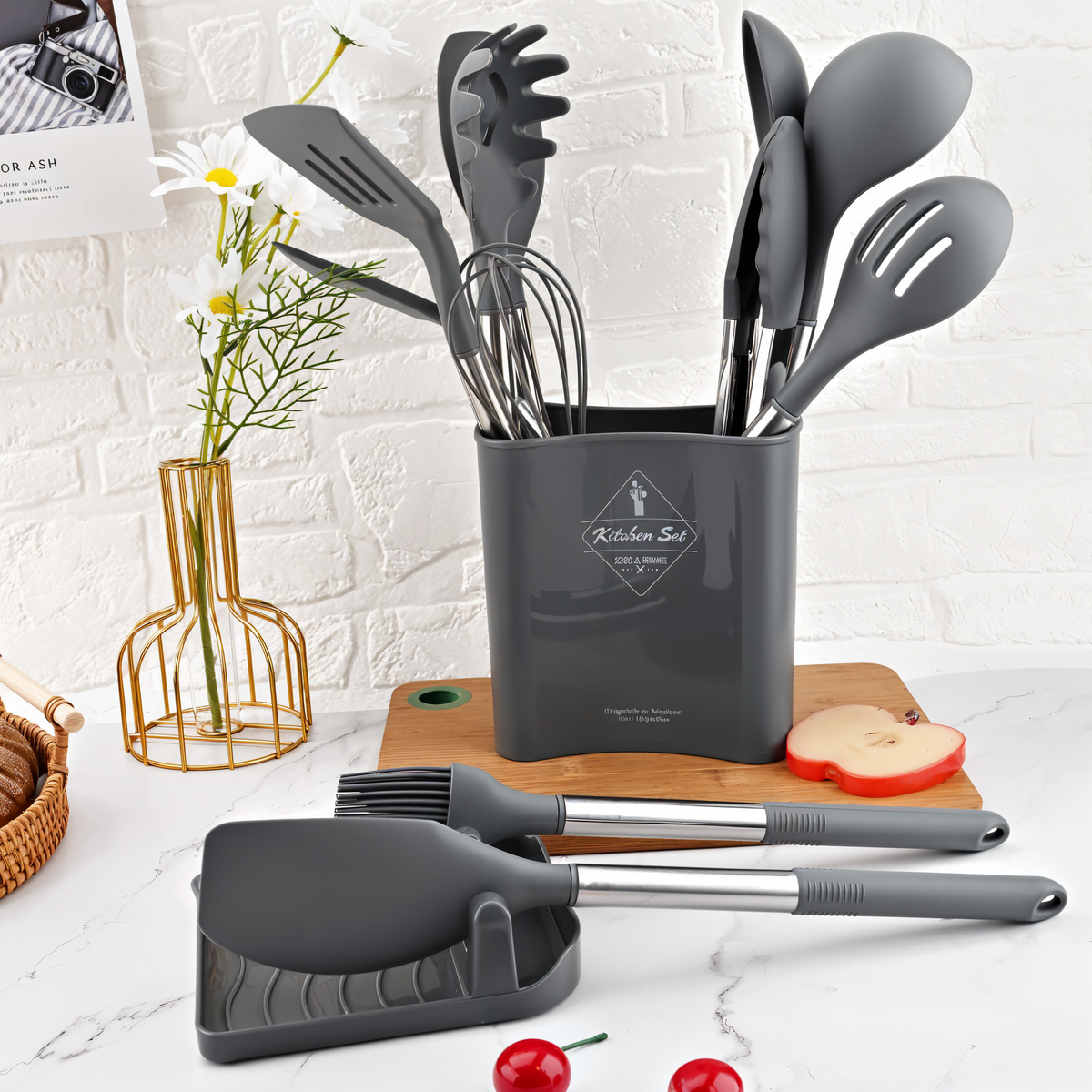 NOUVEAU RICHE 12-teiliges Silikon-Küchenutensilien-Set – Kochbesteck mit Edelstahlgriffen, hitzebeständig – Culinara Pro