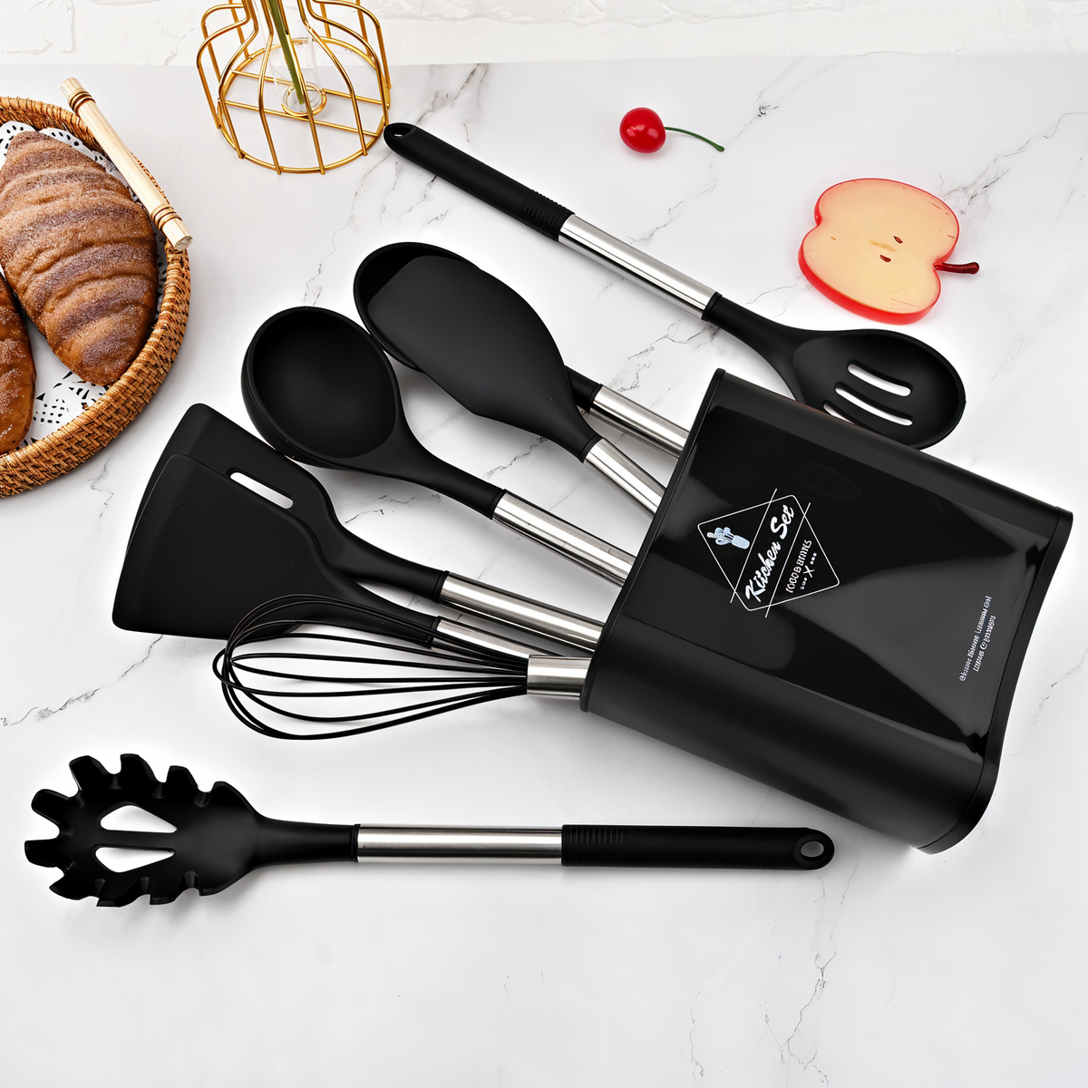 NOUVEAU RICHE 12-teiliges Silikon-Küchenutensilien-Set – Kochbesteck mit Edelstahlgriffen, hitzebeständig – Culinara Pro
