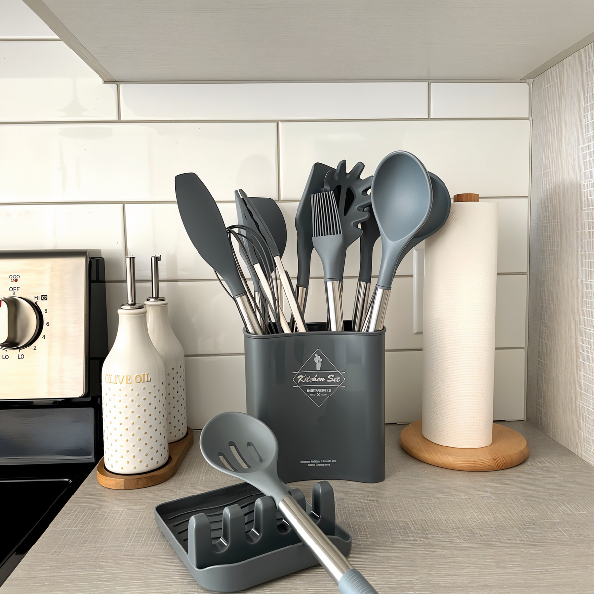 NOUVEAU RICHE 12-teiliges Silikon-Küchenutensilien-Set – Kochbesteck mit Edelstahlgriffen, hitzebeständig – Culinara Pro Grau