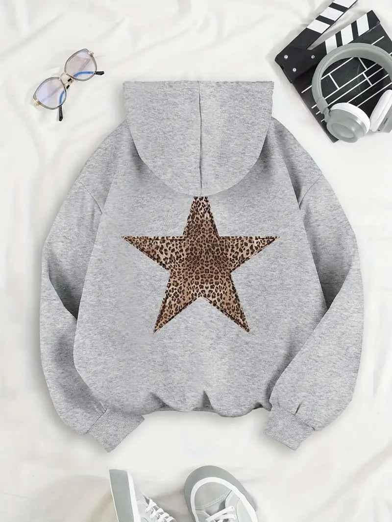 NOUVEAU RICHE Hoodie Damen mit Leopardenstern-Rückenmotiv – Lässiger Kapuzenpullover mit Print, Blau oder Silber, S–XL – Flōre
