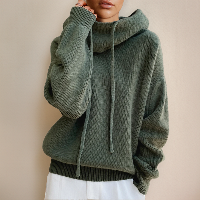 NOUVEAU RICHE Roque | Damen Strick-Hoodie mit Wasserfallkragen, Relaxed Fit Grün