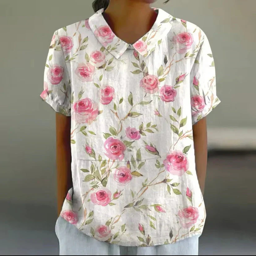 NOUVEAU RICHE Damen Sommerhemd Fischmuster Kurzarm Lockere Passform Rosa
