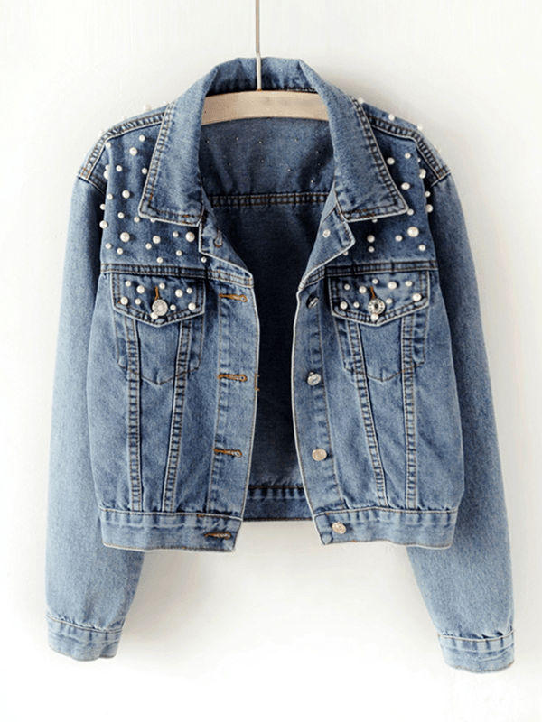 Damenmode Jeansjacke Geknöpfte Taschen Strass-Perlenbesatz