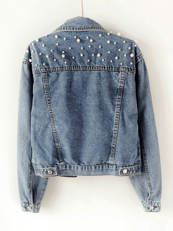 Damenmode Jeansjacke Geknöpfte Taschen Strass-Perlenbesatz