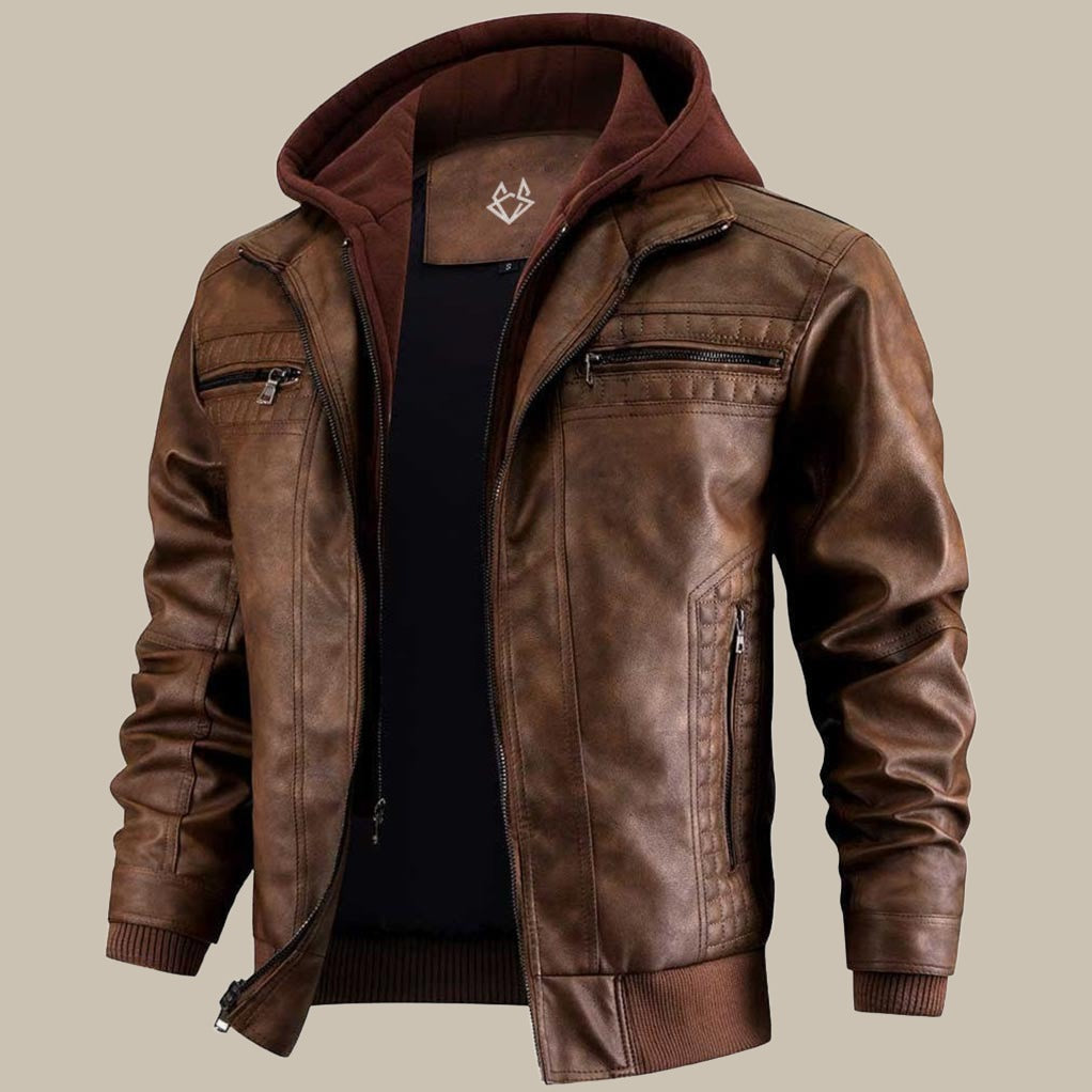 NOUVEAU RICHE Lederjacke mit Kapuze Herren Schwarz Großgrößen Modern Braun