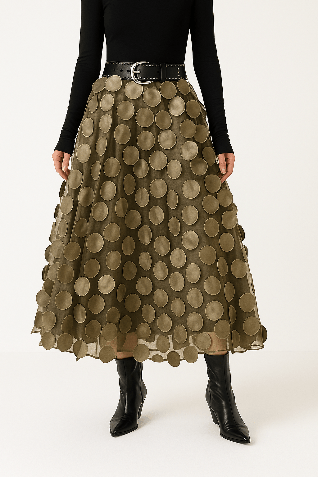 NOUVEAU RICHE Sophé | Damen Midirock – Modell Ida, Sanfte A-Linie & Federleichtes Material Khaki Einheitsgröße