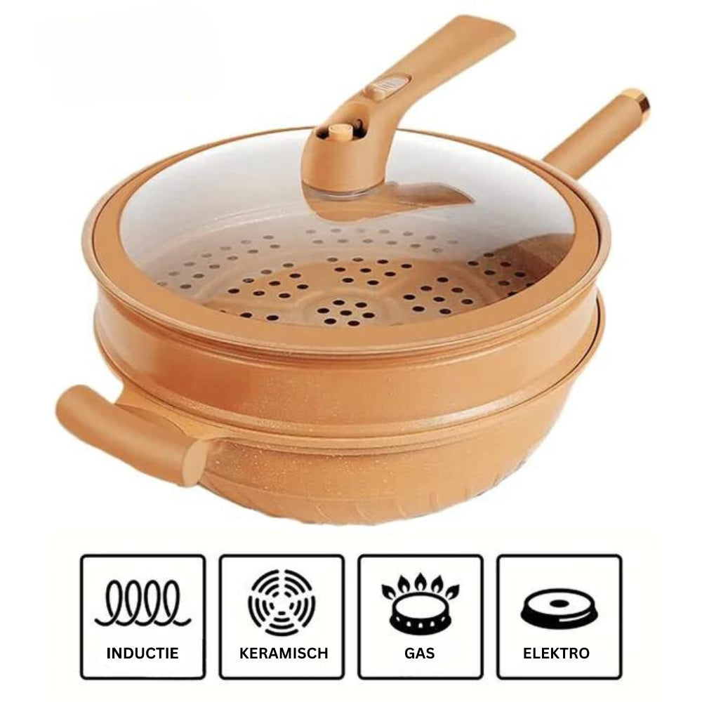 NOUVEAU RICHE Multifunktionale Wokpfanne mit Antihaftbeschichtung – Wok zum Pfannenrühren, Dämpfen & Schmoren, mit weniger Öl – CookFlex