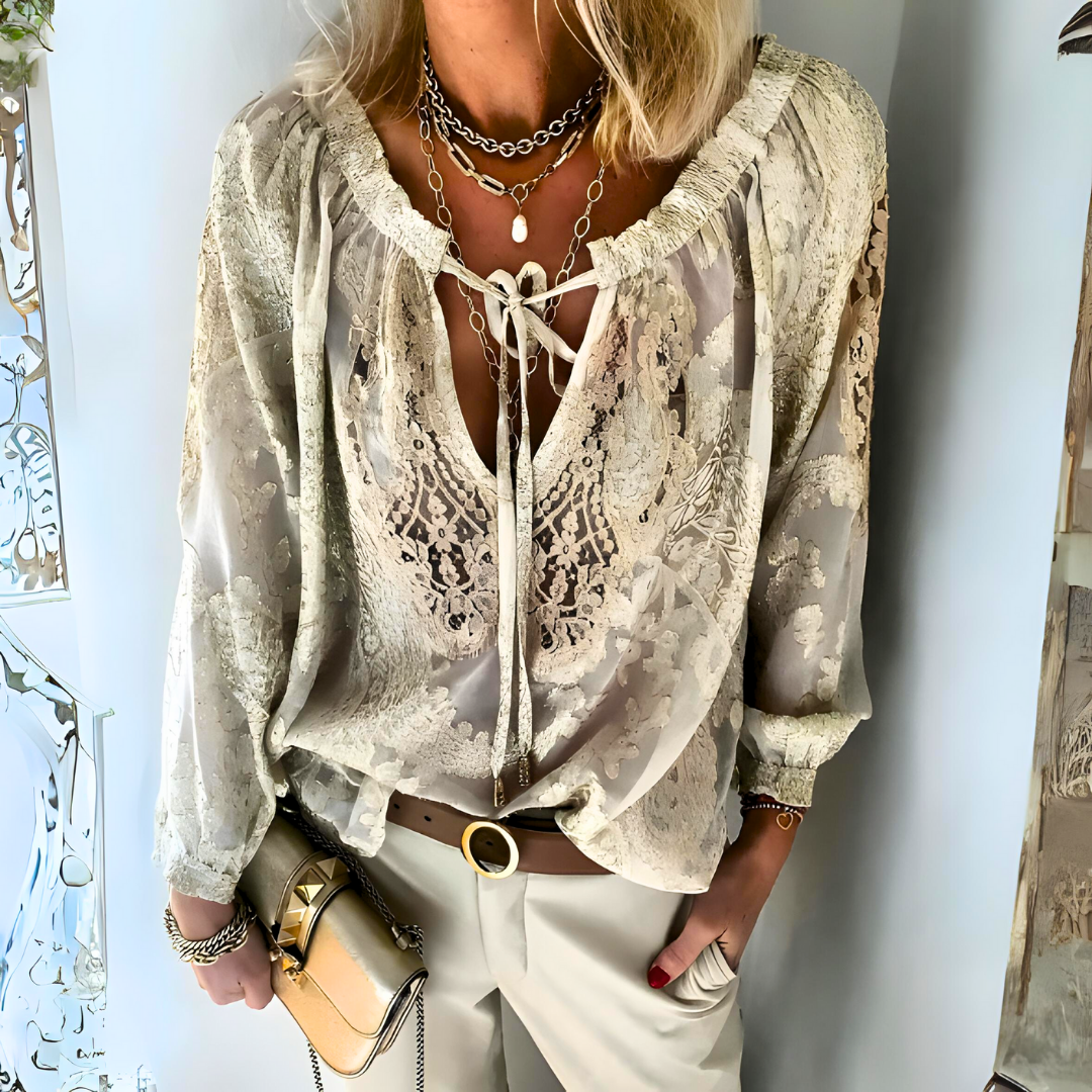NOUVEAU RICHE Gehäkelte Boho Damen Bluse Mit Durchbrochener Textur Beige