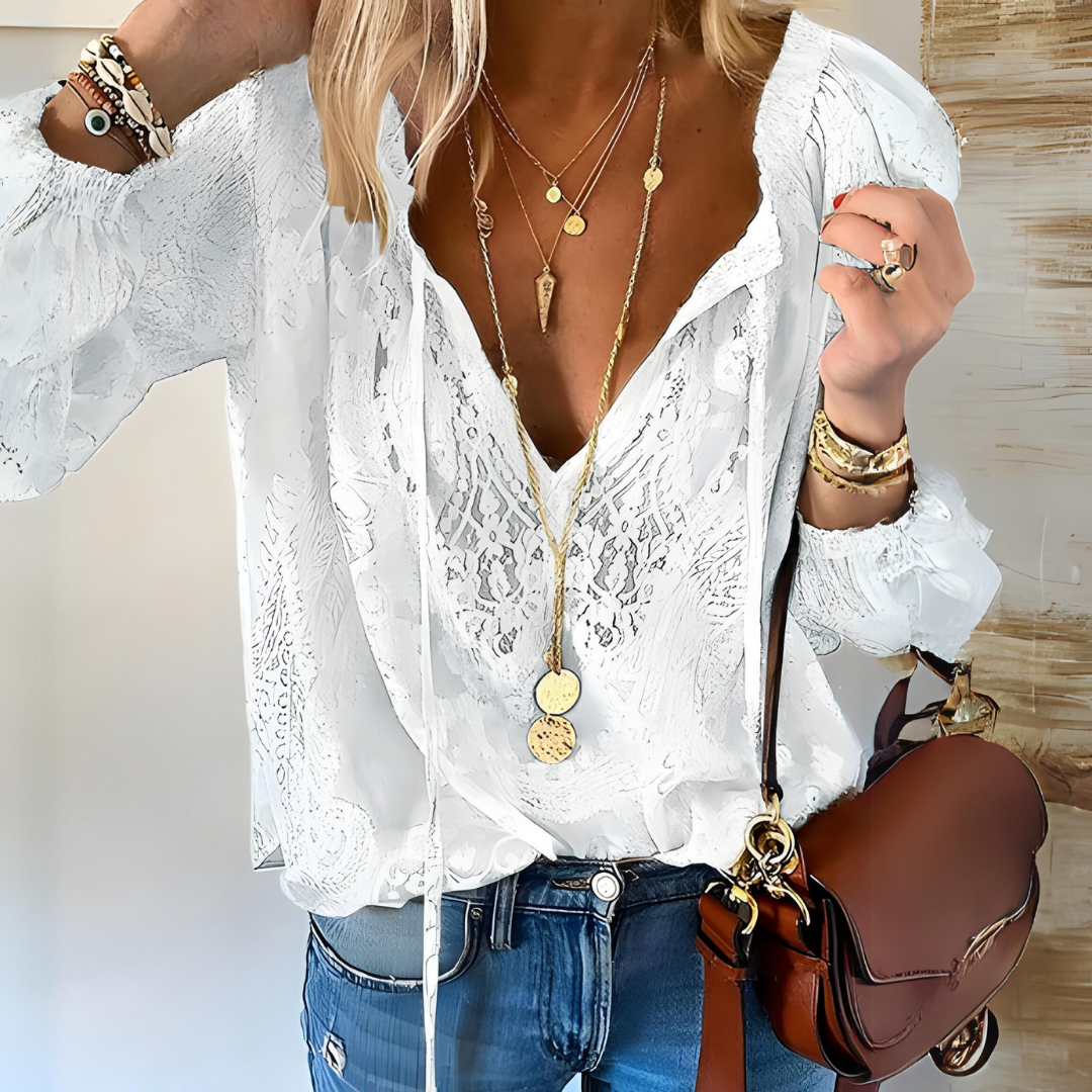 NOUVEAU RICHE Gehäkelte Boho Damen Bluse Mit Durchbrochener Textur Weiß