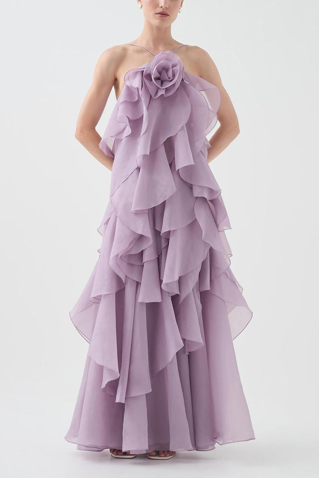 NOUVEAU RICHE 3D Blumenkleid mit Neckholder und Rüschendetails Lila