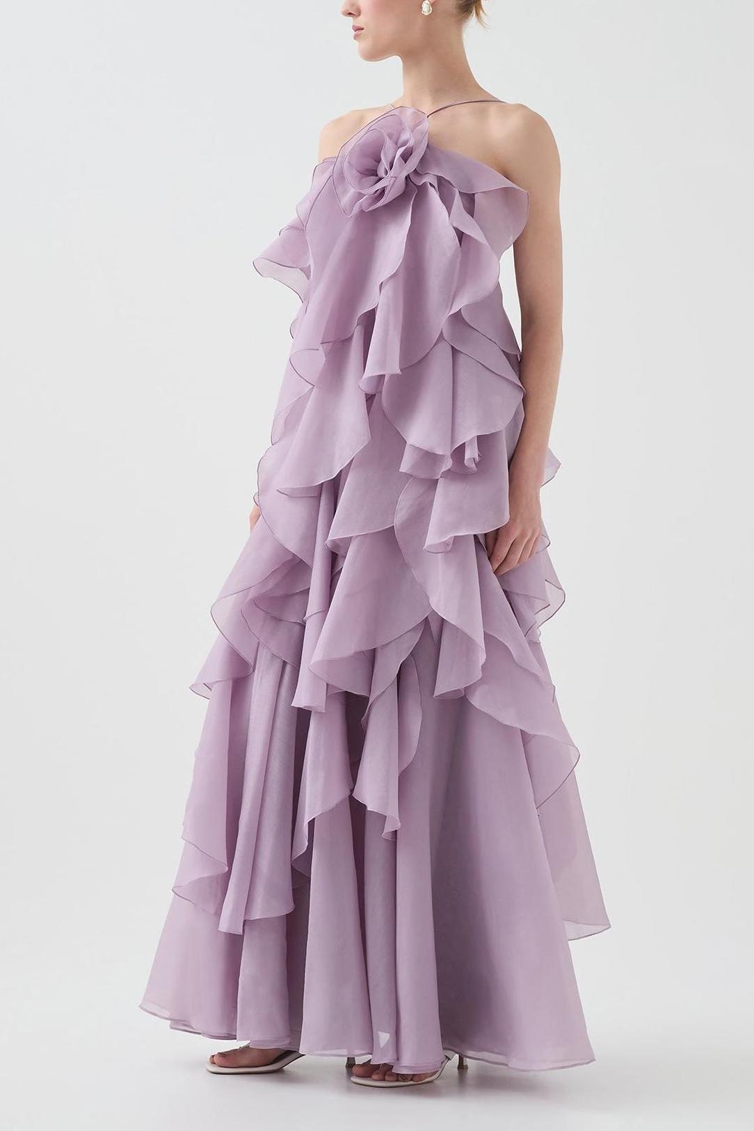 NOUVEAU RICHE 3D Blumenkleid mit Neckholder und Rüschendetails Lila