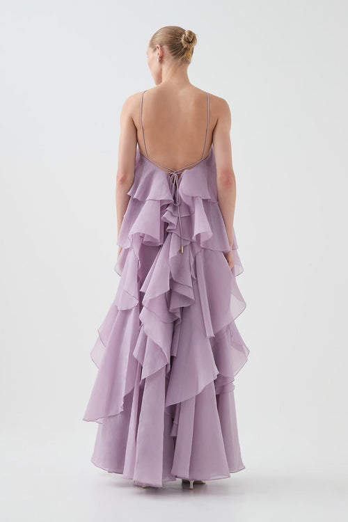 NOUVEAU RICHE 3D Blumenkleid mit Neckholder und Rüschendetails Lila