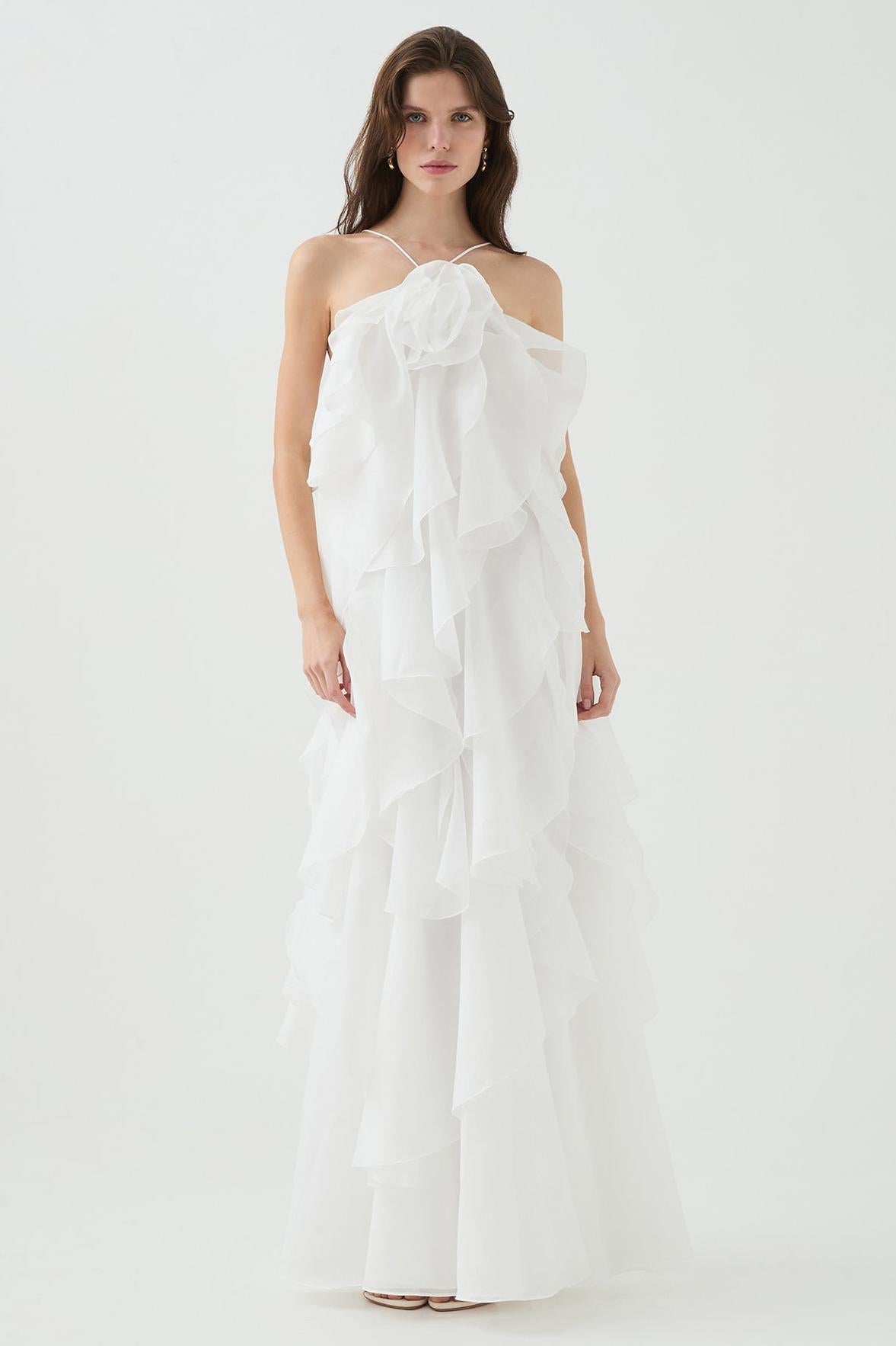 NOUVEAU RICHE 3D Blumenkleid mit Neckholder und Rüschendetails Lila