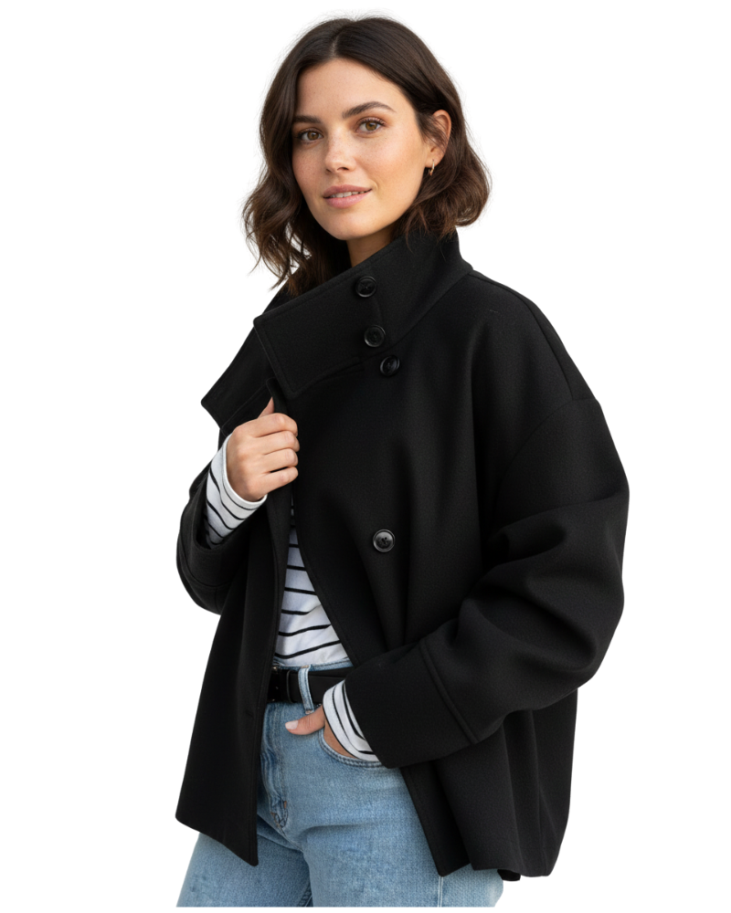 NOUVEAU RICHE Kurzjacke Damen mit Stehkragen – Elegante kurze Jacke mit Knopfleiste & schmeichelnder Passform, 3 Farben, XS–3XL – Solis Schwarz