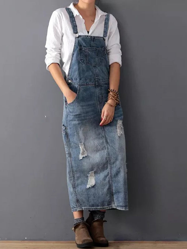 NOUVEAU RICHE Jeans Latzkleid Mit Schlitz Hinten Im Used Look Für Lässigen Vintage Stil Hellblau