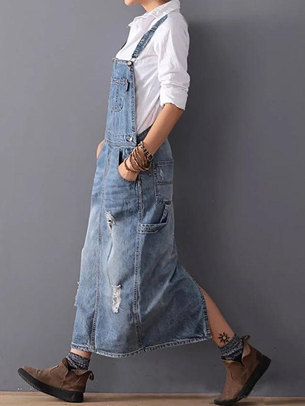 NOUVEAU RICHE Jeans Latzkleid Mit Schlitz Hinten Im Used Look Für Lässigen Vintage Stil