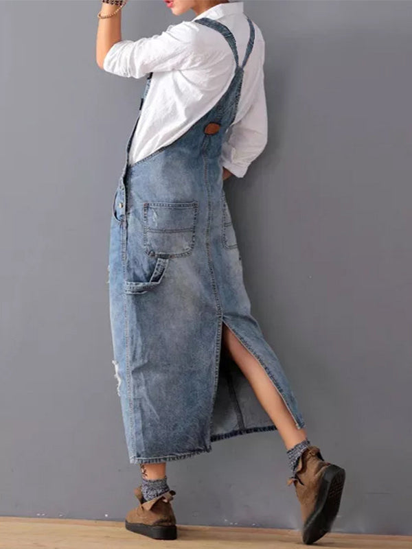 NOUVEAU RICHE Jeans Latzkleid Mit Schlitz Hinten Im Used Look Für Lässigen Vintage Stil