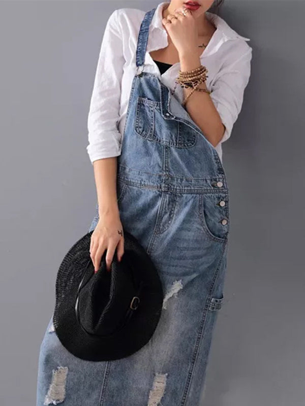 NOUVEAU RICHE Jeans Latzkleid Mit Schlitz Hinten Im Used Look Für Lässigen Vintage Stil
