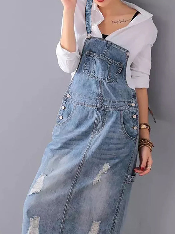 NOUVEAU RICHE Jeans Latzkleid Mit Schlitz Hinten Im Used Look Für Lässigen Vintage Stil