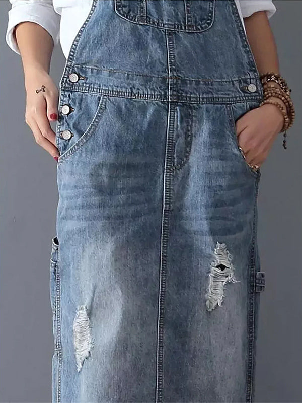 NOUVEAU RICHE Jeans Latzkleid Mit Schlitz Hinten Im Used Look Für Lässigen Vintage Stil