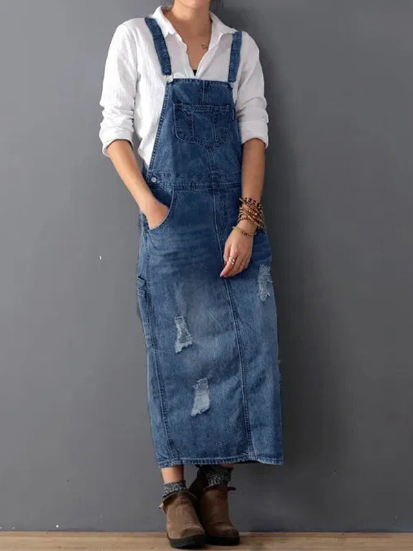 NOUVEAU RICHE Jeans Latzkleid Mit Schlitz Hinten Im Used Look Für Lässigen Vintage Stil Dunkelblau