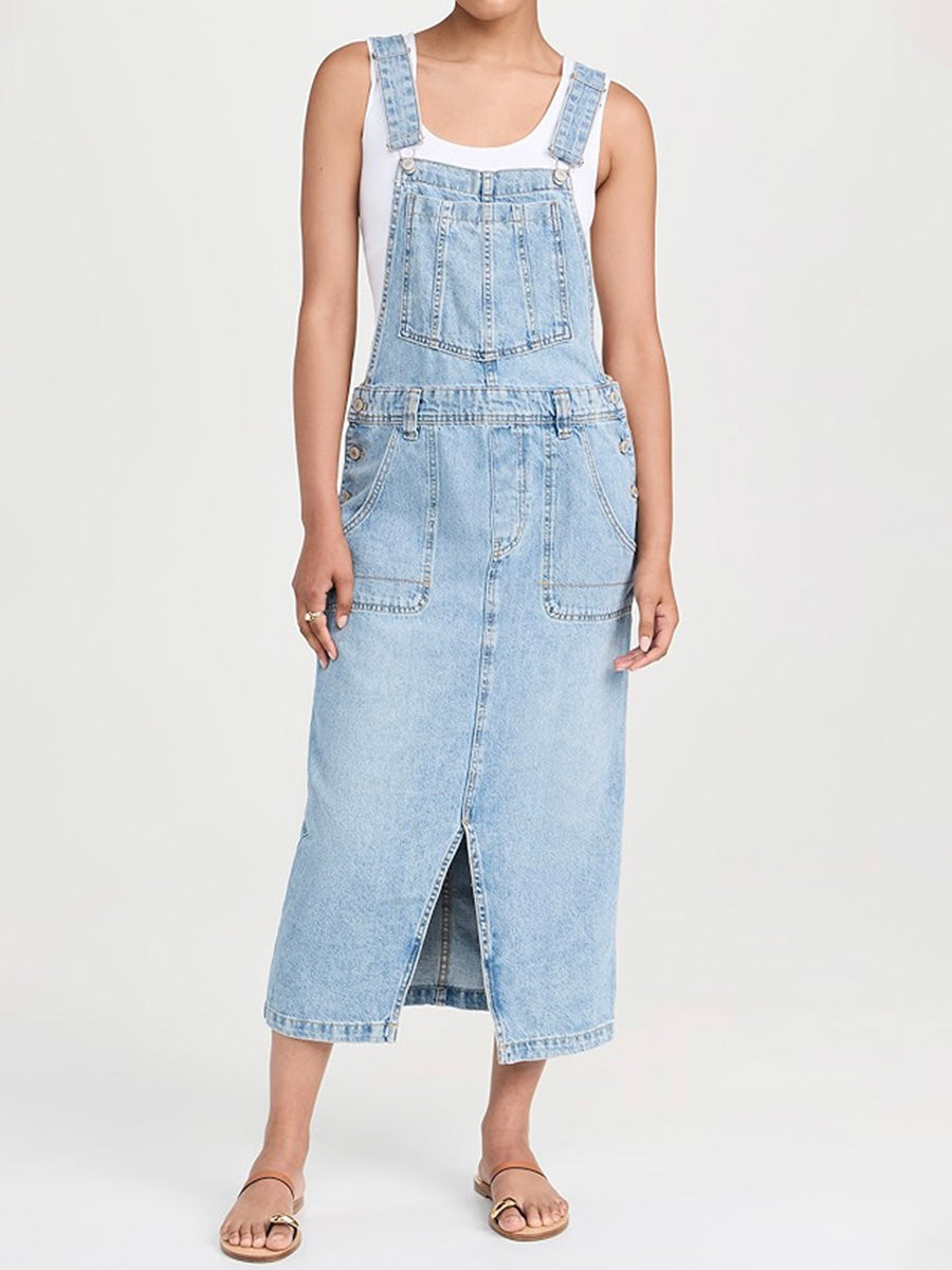 NOUVEAU RICHE Jeans Overallkleid Mit Schlitz Vorne Vielseitiges Denim Kleid Für Damen Komfortabler Freizeitstil Und Klassischer Look Hellblau