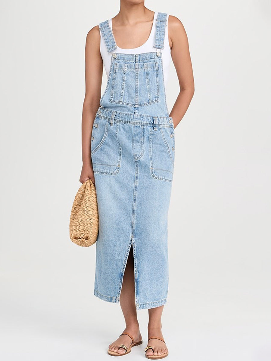 NOUVEAU RICHE Jeans Overallkleid Mit Schlitz Vorne Vielseitiges Denim Kleid Für Damen Komfortabler Freizeitstil Und Klassischer Look