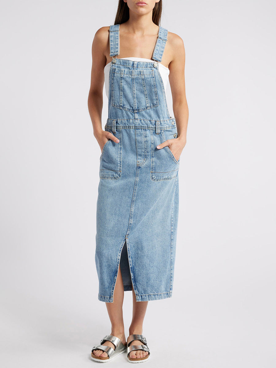 NOUVEAU RICHE Jeans Overallkleid Mit Schlitz Vorne Vielseitiges Denim Kleid Für Damen Komfortabler Freizeitstil Und Klassischer Look